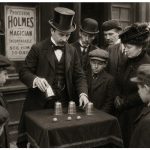 street magician performing the Cups and Balls magic trick to a crowd