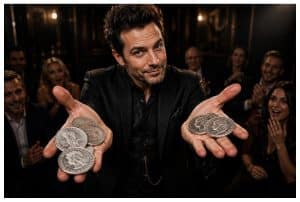 Magician performing a coin trick using misdirection