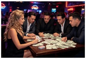 Woman magician fooling a group of men during a close-up magic trick