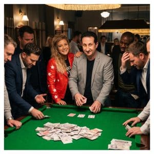 Magician performing Three Card Monte confidently for spectators
