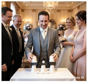 Andy Field performing the Cups and Balls magic trick for a group
