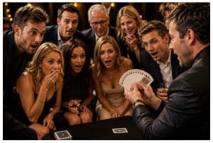 Close-up magician performing a magic trick for a group in Bristol