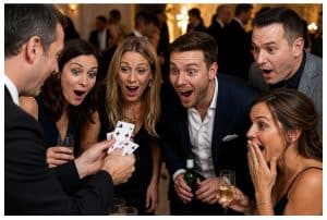 Party magician entertaining guests with close-up magic