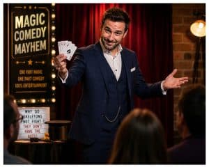 Magician telling a story during a close-up magic performance