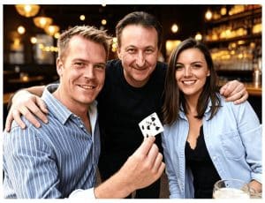 Bristol magician performing close-up magic for two guests in a bar